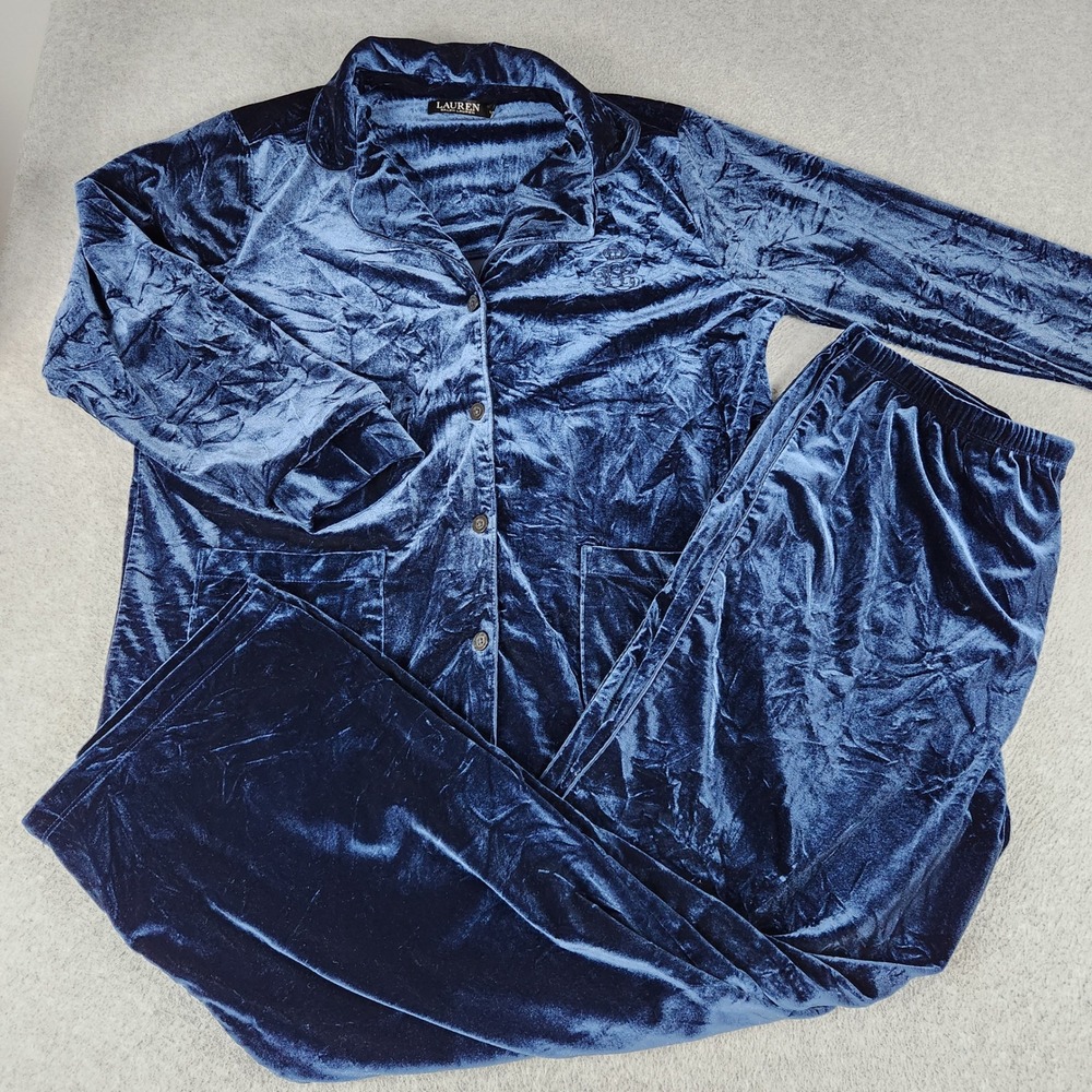 Lauren Ralph Lauren Pajama Set Womens L Navy Blue Crushed Velvet Button Front